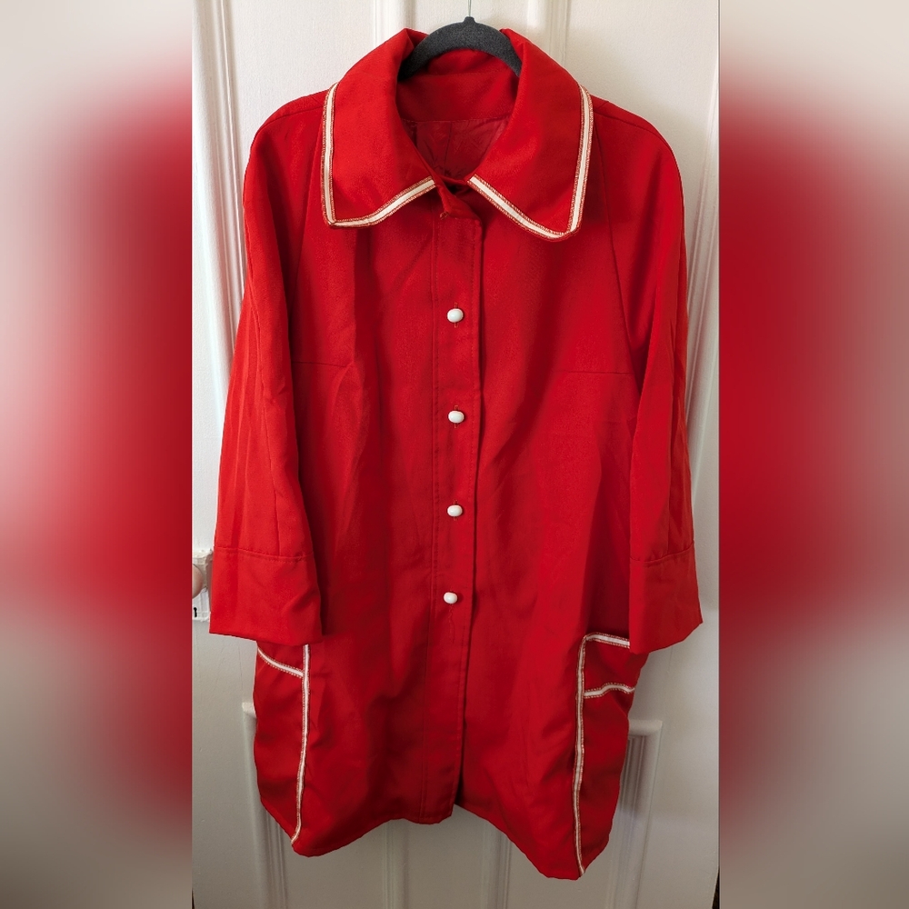 Vintage Red Button-Up Coat with White Trim